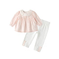 Baby autumn outfit set  new stylish girls' pink lace trim babydoll top and leggings two-piece set