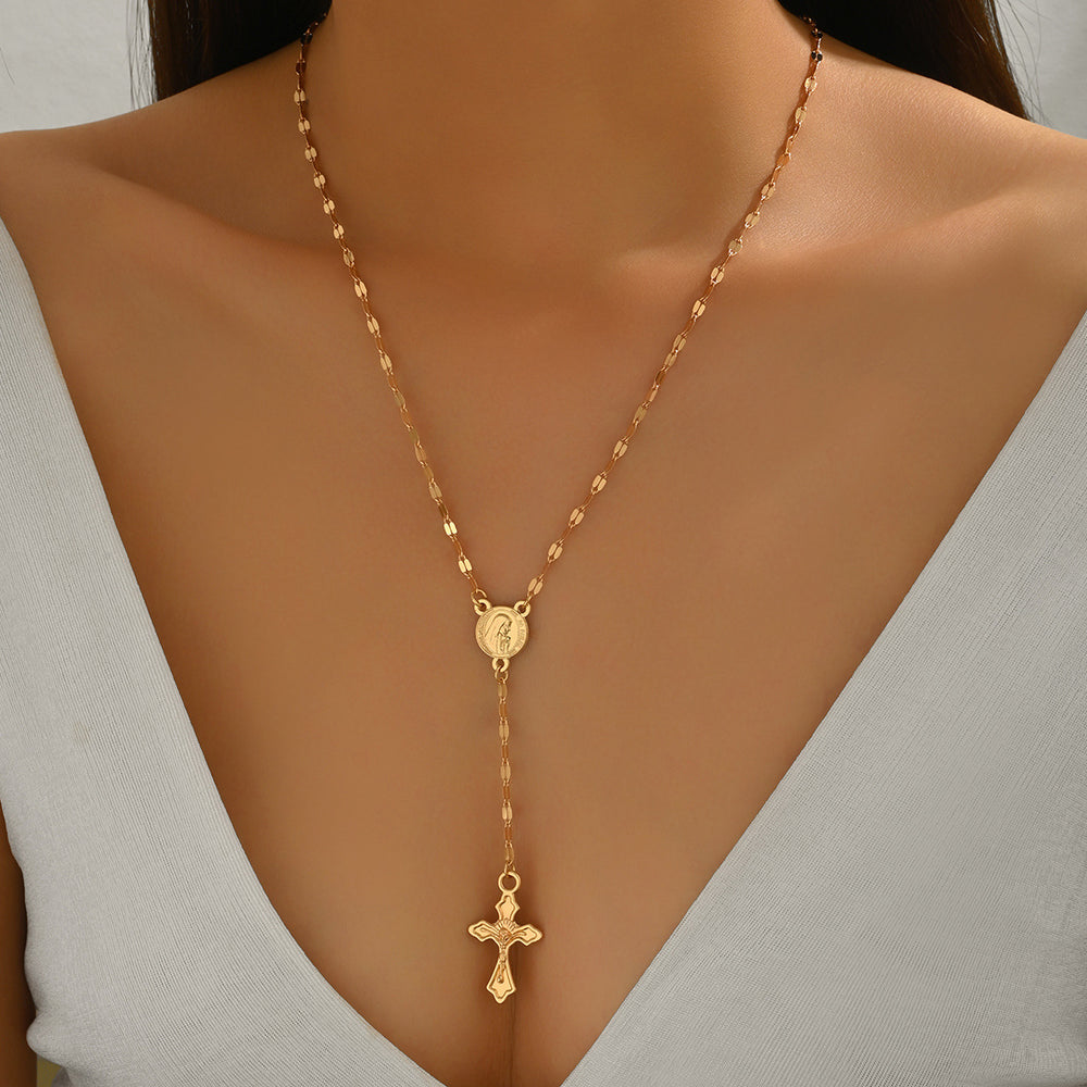Long tassel cross necklace wholesale cross-border retro high-end jewelry women's white hair madonna portrait sweater chain