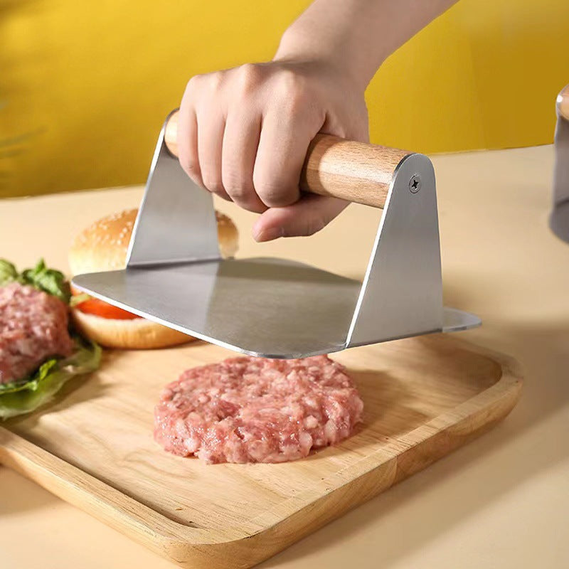 Wooden handle 304 stainless steel meat press - round & square steak press - burger patty maker