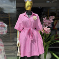 European and american cross-border women's fashion:  spring new arrival - stylish lapel tie-neck pink striped short-sleeve shirt dress