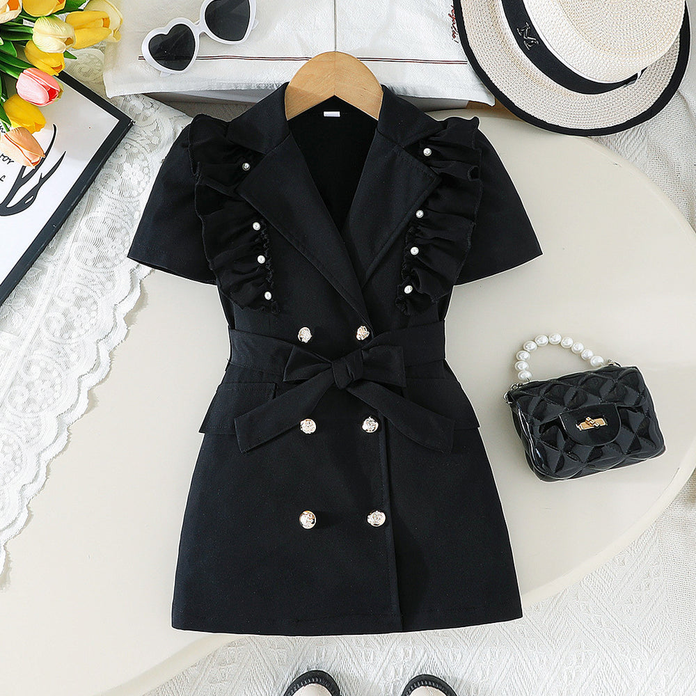 new girls' blazer collar ruffle trim dress - summer black double-breasted tie-waist dress