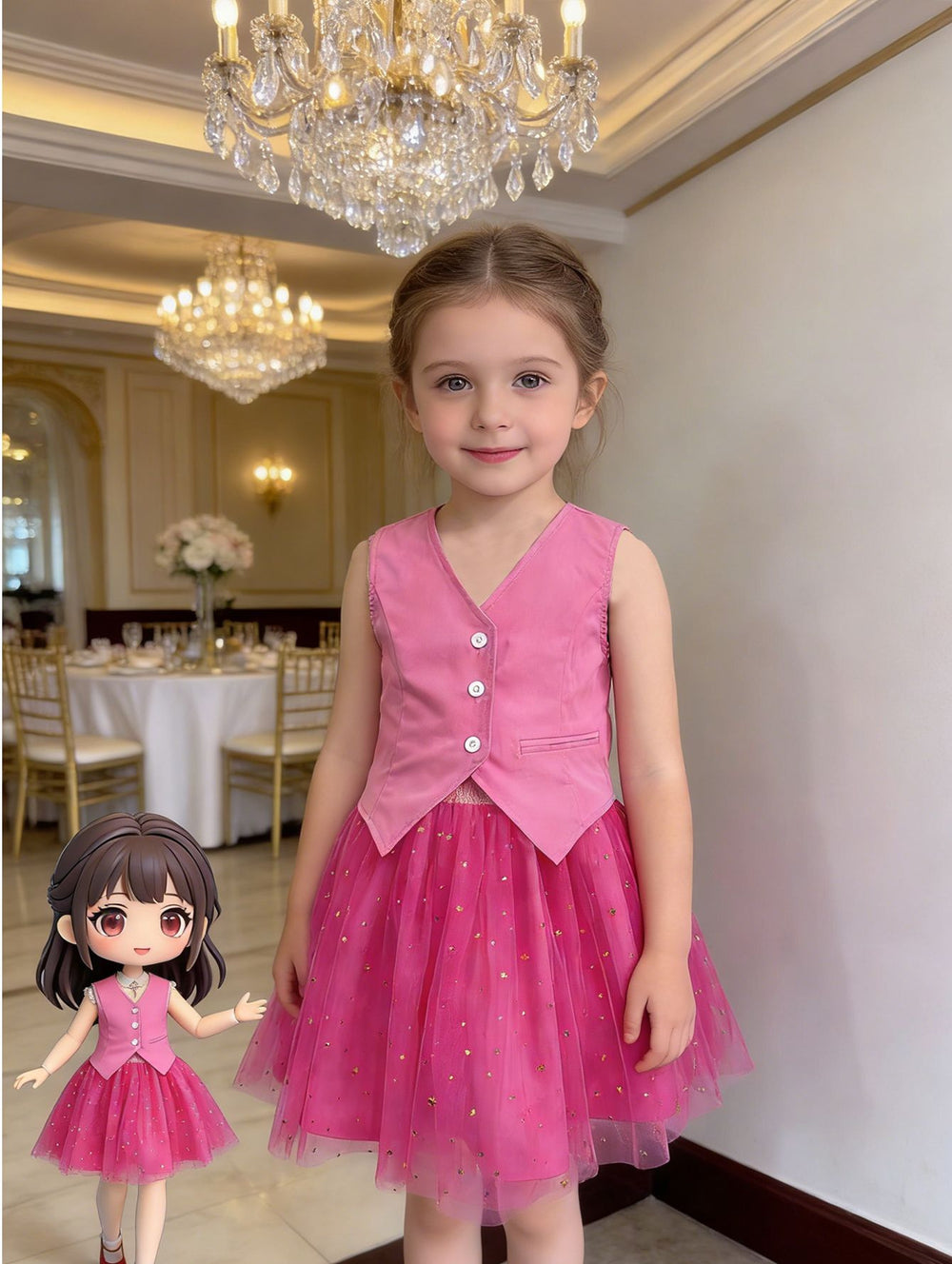 hot-selling  export fashion two-piece set: sweet & cool vest with starry tulle princess dress