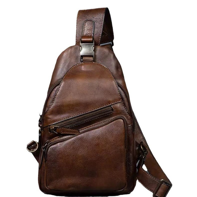 Retro hand-rubbed vegetable-tanned cowhide chest bag men's genuine leather crossbody bag casual shoulder crossbody bag soft leather bag
