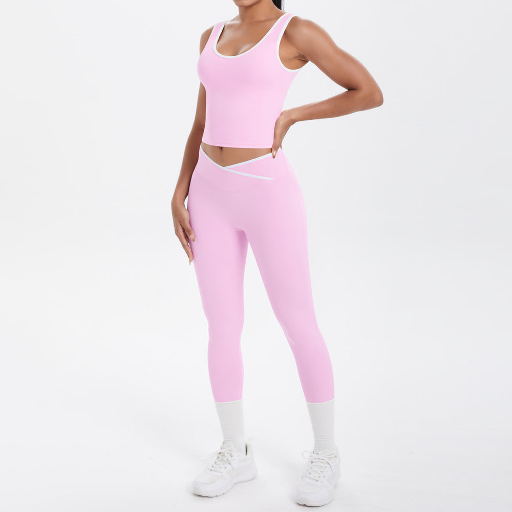 popular double-sided brushed contrast color tight breathable cross yoga suit sports running fitness two-piece set