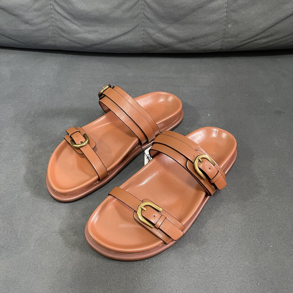 Spanish summer new arrival: women's black buckle-back open-toe sandals - breathable, round-toe, fashionable flat sandals