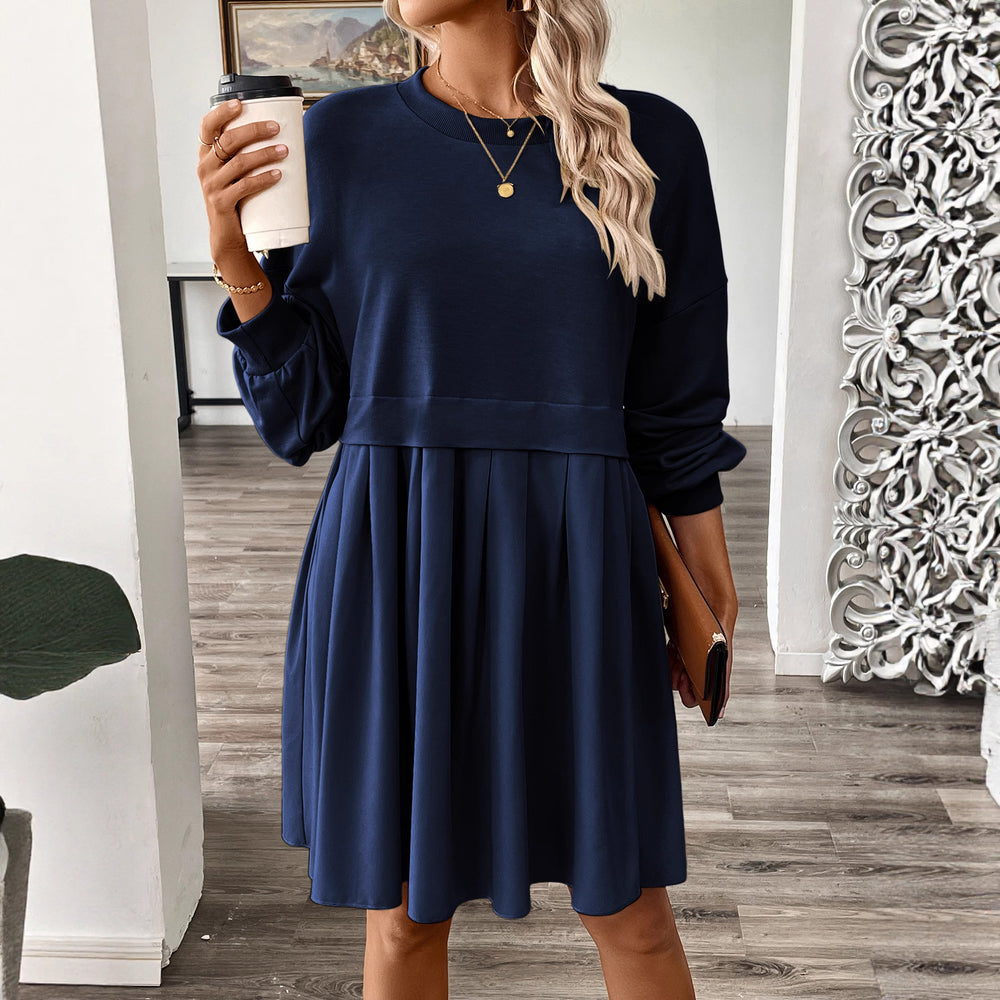 fashion  fall and winter women's pure colorlong sleevespatchworksweatshirtdresselegantwork clothing