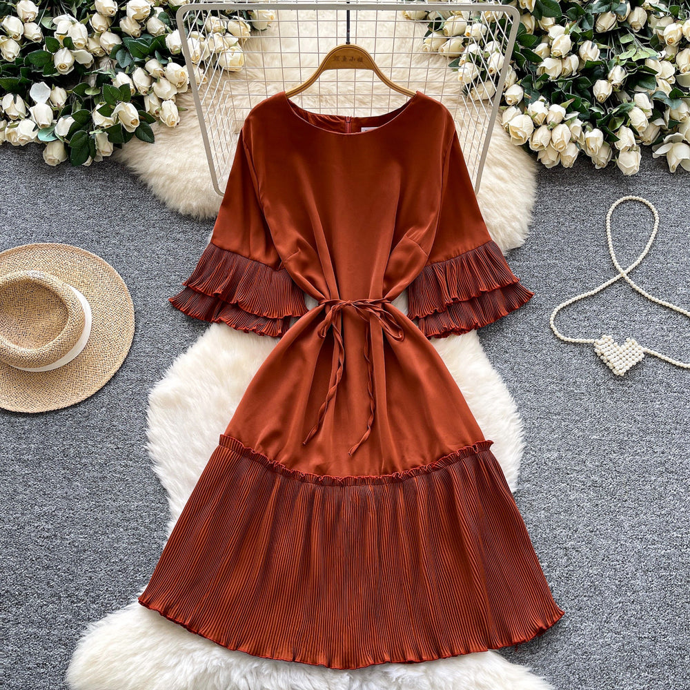 K-style lantern sleeve pleated short-sleeved dress women's spring strap waist pleated a-line skirt slimming lookwork clothing skirt