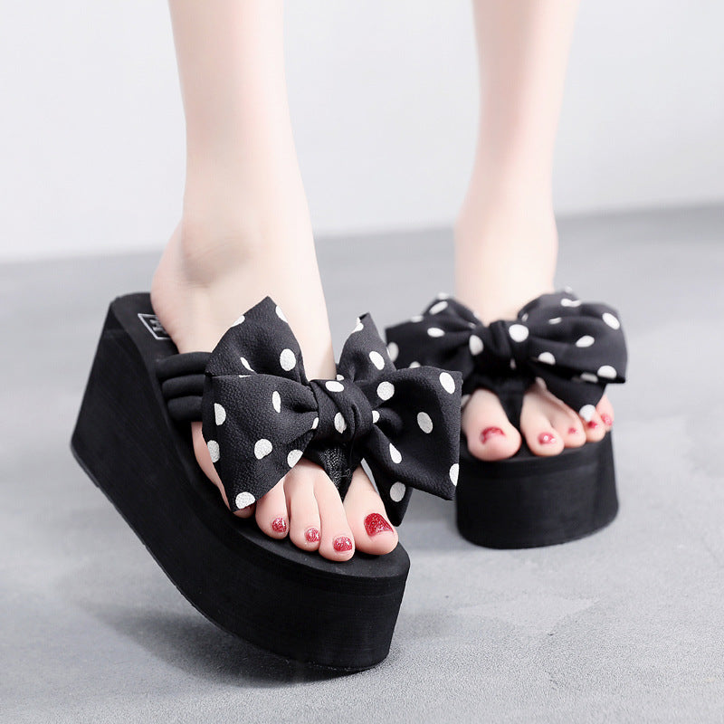 2026 new women's super high heel flip-flops - summer non-slip platform beach sandals with sweet bow detail - wearable wedge heel slides