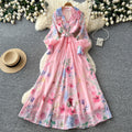 French holiday style printingsilm dress for women spring & fallv neck lantern sleeves waist strap a-line work clothing long skirt