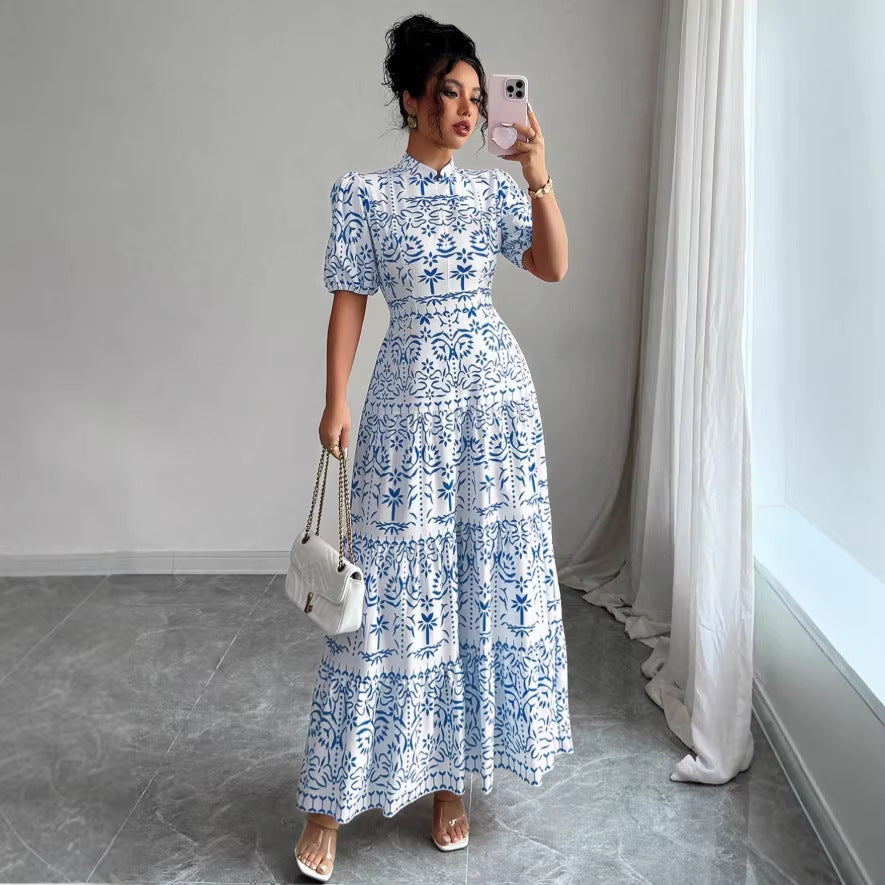 new fashion printed bubble sleeve european and american style women's dress for cross-border e-commerce