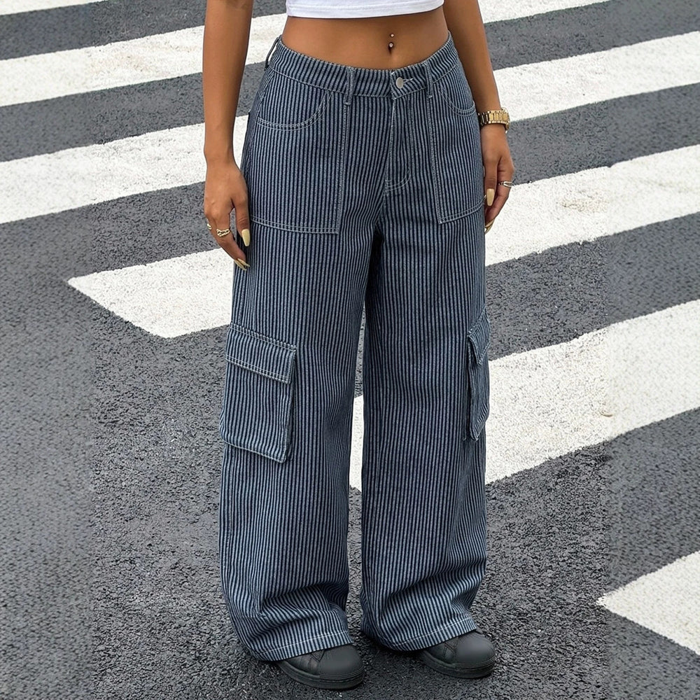 Fashionjeans women's vertical stripesworkwear wide-leg jeans cross-border multi-flap pocket pants high waistloosemop women's pants