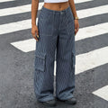 Fashionjeans women's vertical stripesworkwear wide-leg jeans cross-border multi-flap pocket pants high waistloosemop women's pants
