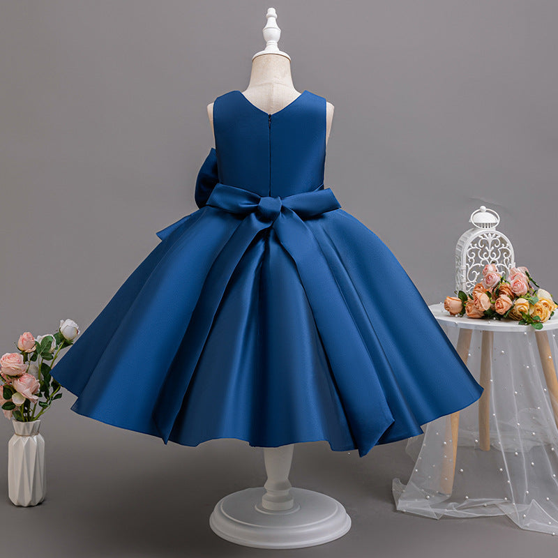 Ready-to-ship cross-border girls' formal dress, round neck vest, navy blue bow, satin dress, european and american style flower girl evening gown
