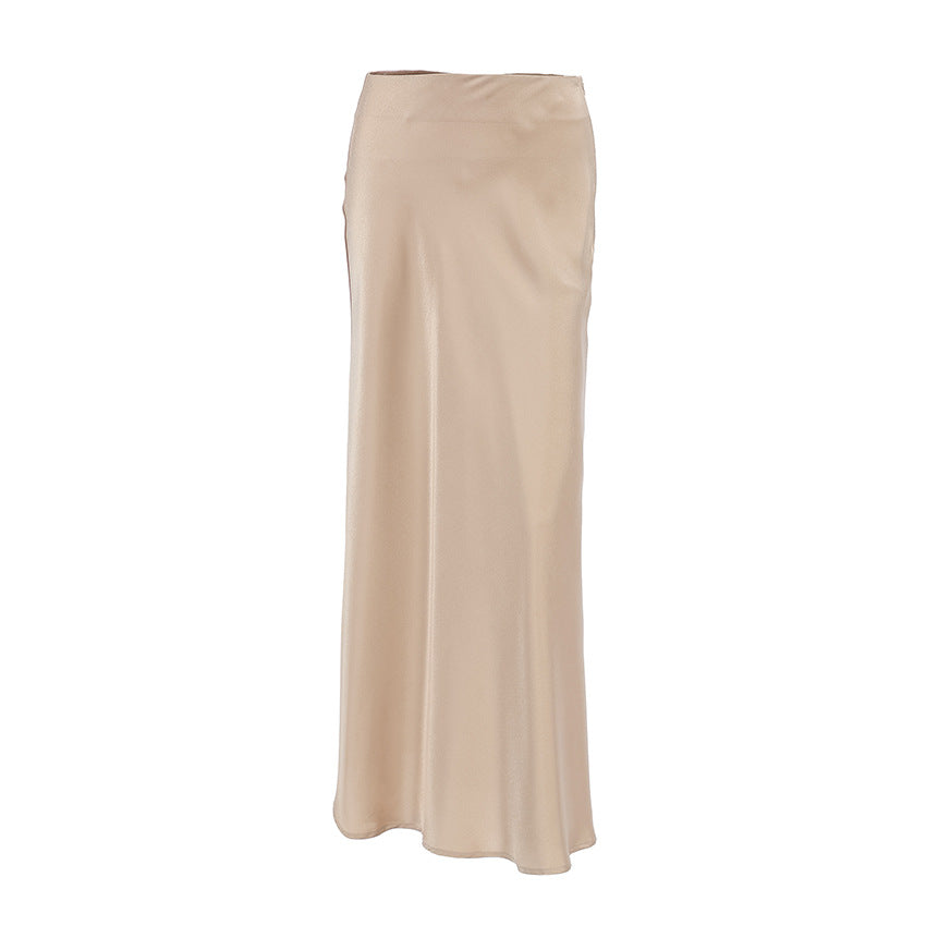 2024 autumn new textured imitation acetic acid satin skirt women's commuter drape khaki high waist long skirt women's clothing