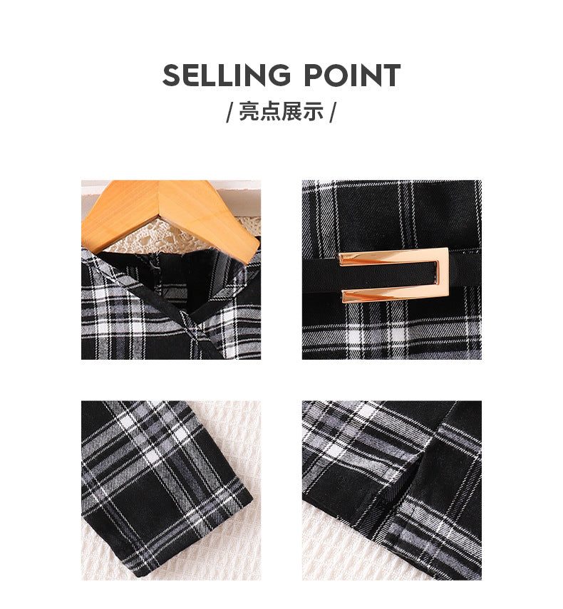 girls' dress - black and white brushed plaid, asymmetrical neckline, long sleeves, belted, autumn retro children's maxi dress