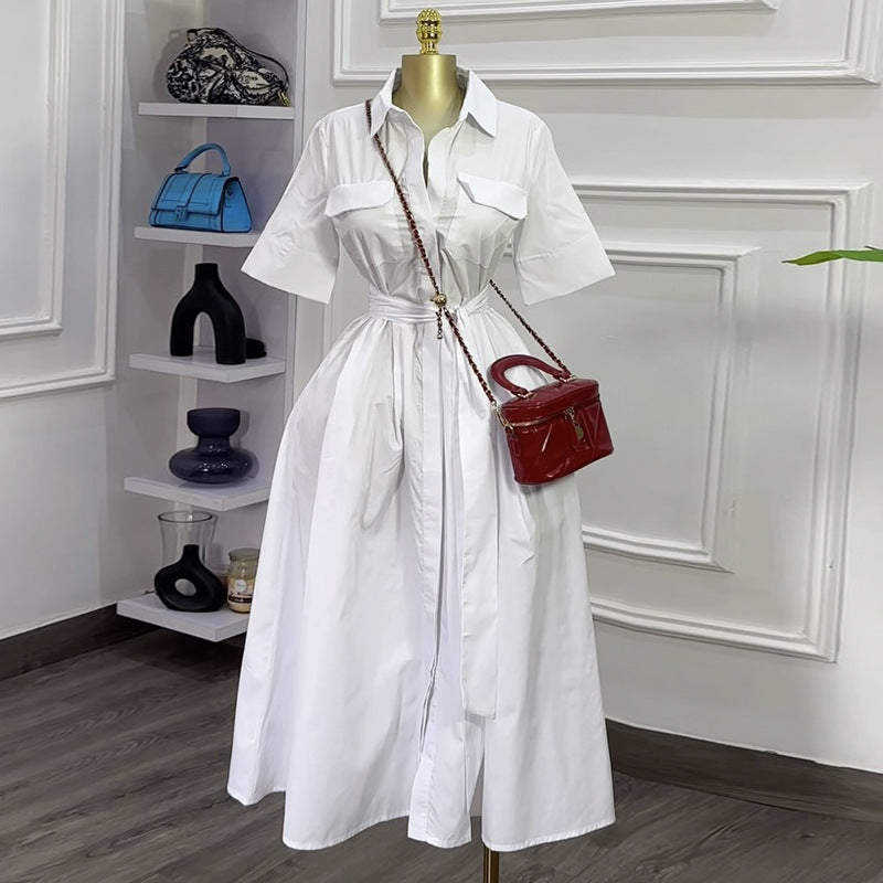 European and american cross-border women's fashion:  spring new arrival - elegant and stylish solid color turn-down collar tie-waist short sleeve shirt dress