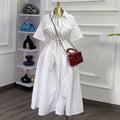European and american cross-border women's fashion:  spring new arrival - elegant and stylish solid color turn-down collar tie-waist short sleeve shirt dress