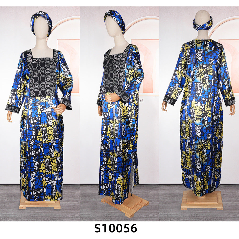 Aliexpress hot-selling crystal satin printed dress with headscarf, rhinestone embellishments, african plus size women's color block robe