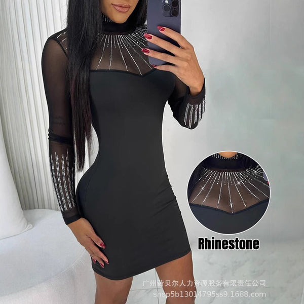 LZR18841 European and American new black perspective mesh yarn jacquard rhinestone decorative high neck tight hip skirt