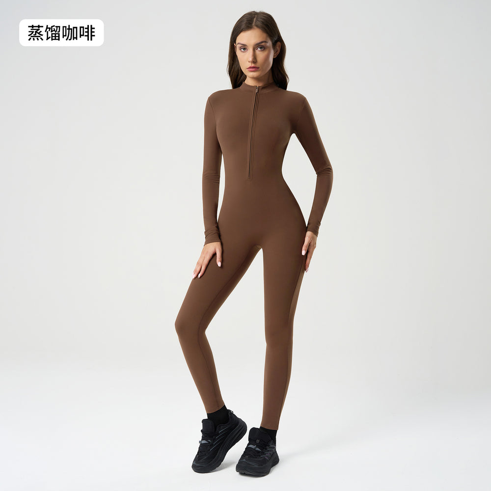 European and american nude feel zipper long sleeve yoga bodysuit high elasticity breathable fitness activewear one-piece tight dlt004