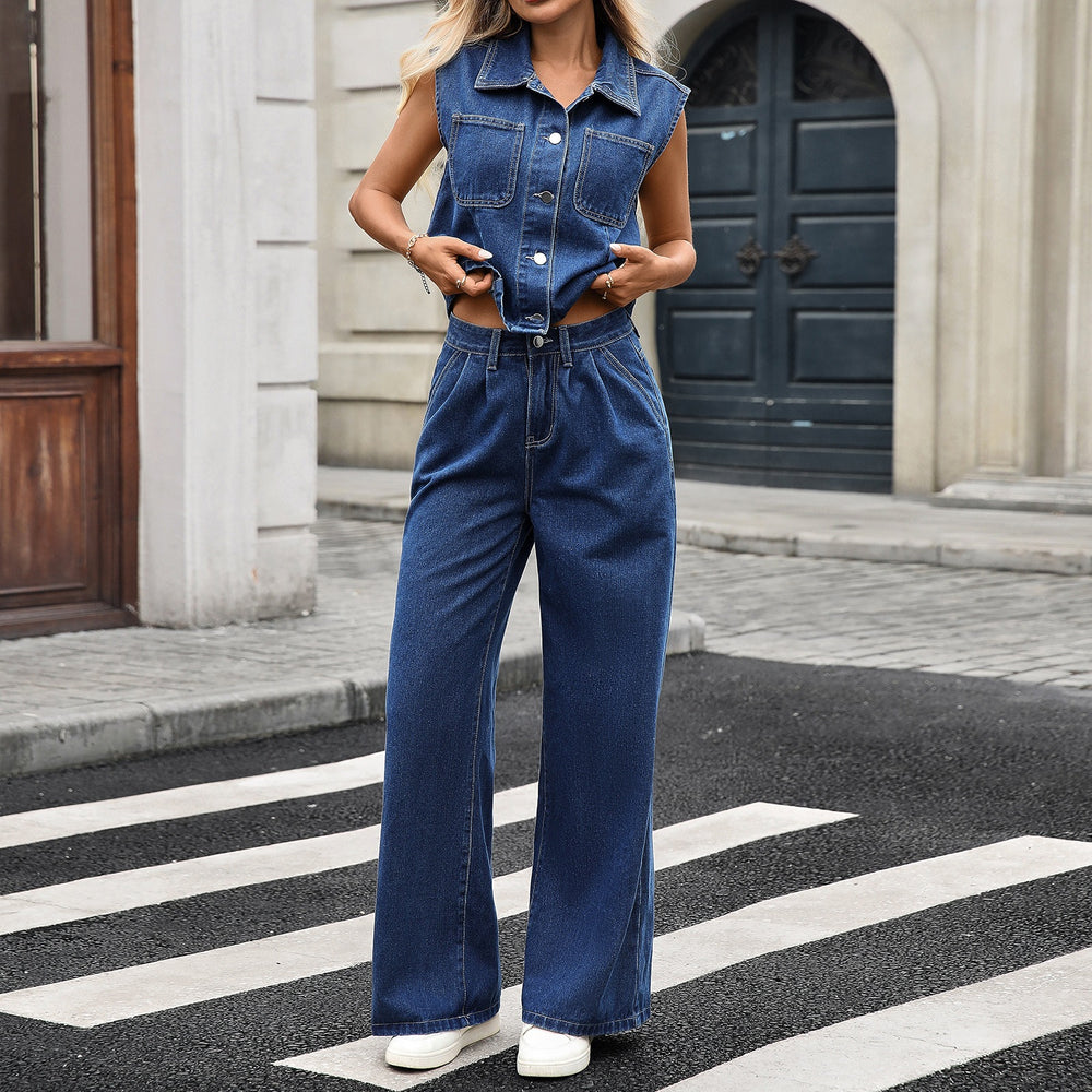 Fashion cross-border fashion  new arrival washed denim button lapel flap pocket pantstopsstraight-legpantstwo-piece set