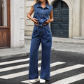 Fashion cross-border fashion  new arrival washed denim button lapel flap pocket pantstopsstraight-legpantstwo-piece set