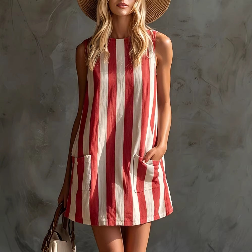 New european and american  fashion retro striped sleeveless crew neck cotton linen mini dress