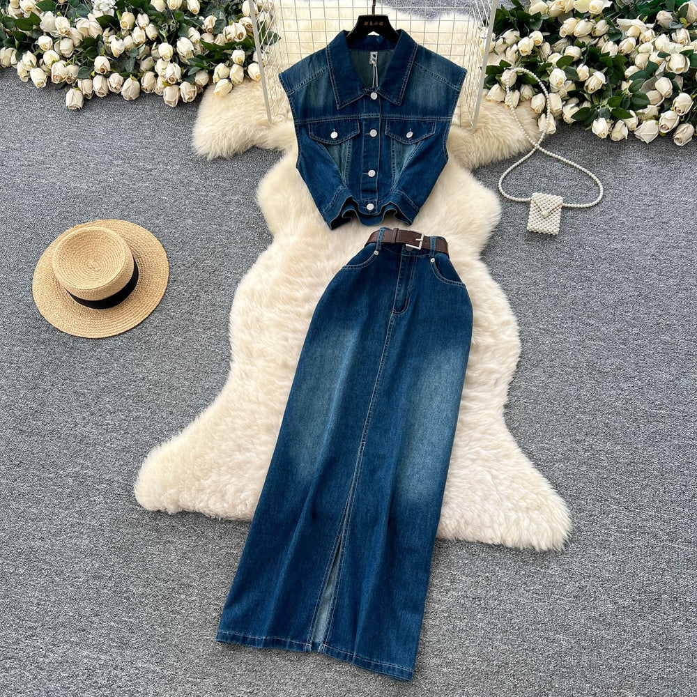 European and american hot girl retro denim set - women's summer sleeveless shirt + high-waisted slit maxi skirt