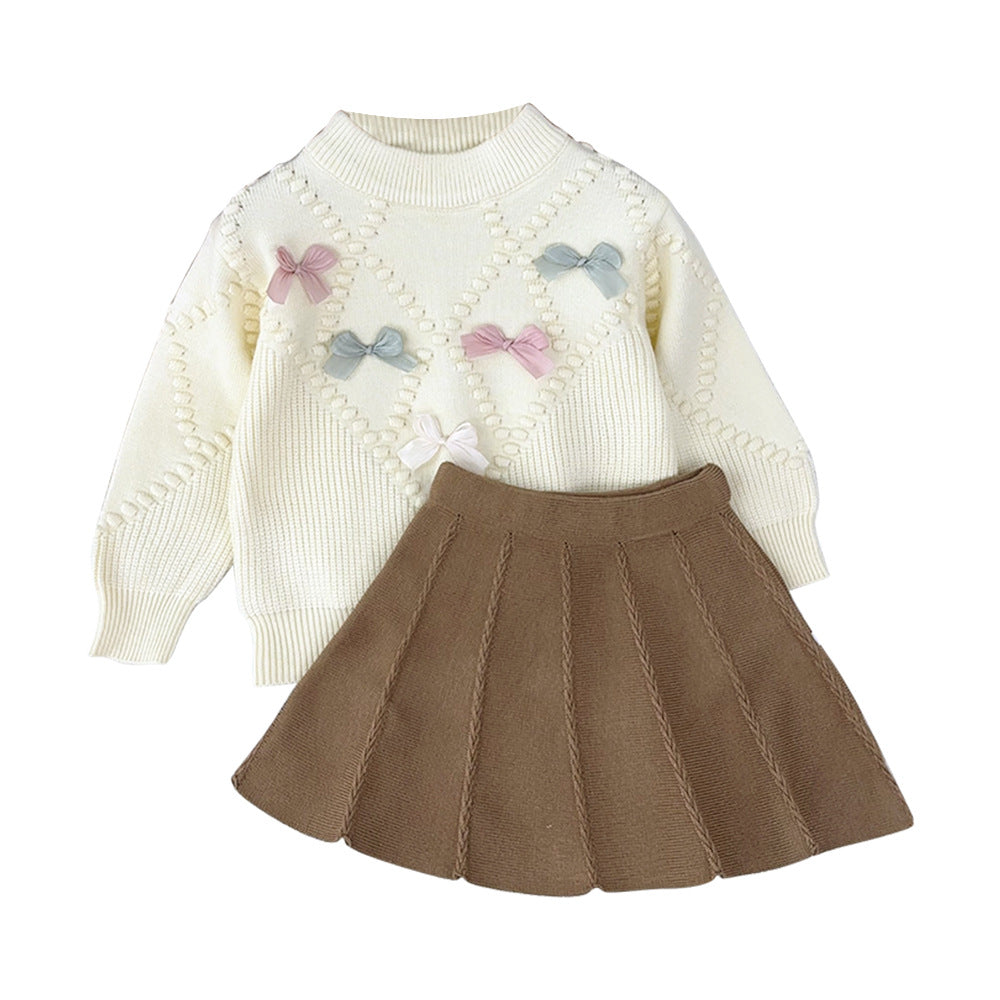 Fall and winternew arrivalgirlsuitstereo hook flower bowsknittingsweatertops skirtsuitcross-border children's clothing