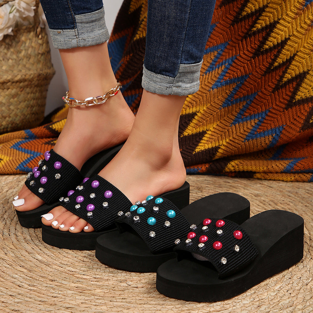 2024 new summer wedge heel round toe outdoor platform chunky sole rhinestone pearl one-strap sandals & slippers