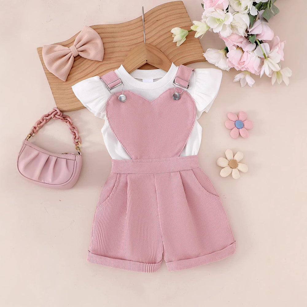 25 cross-border spring and summer fashionnew arrivalgirl round neck small flying sleeve tops heart design suspender shorts suitgirl