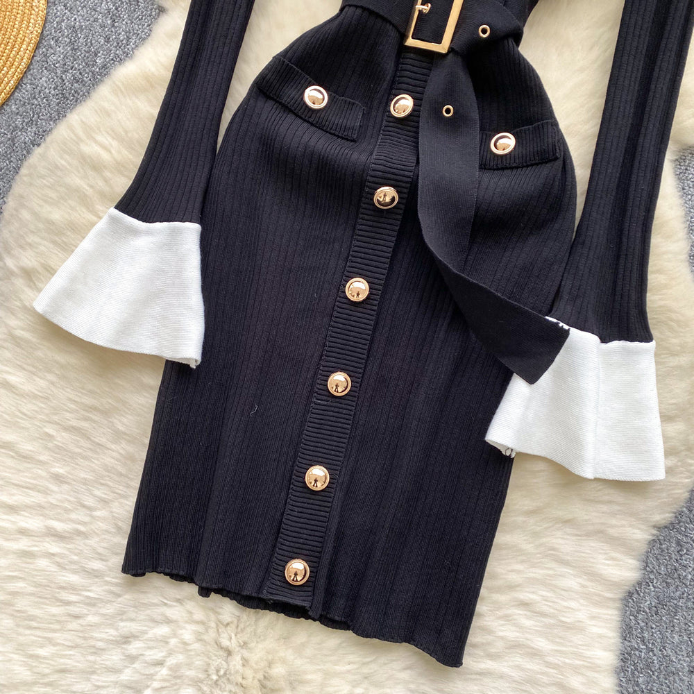 French chic, high-end, color block knit dress with metal buckle tie waist – perfect for autumn and winter