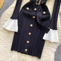 French chic, high-end, color block knit dress with metal buckle tie waist – perfect for autumn and winter