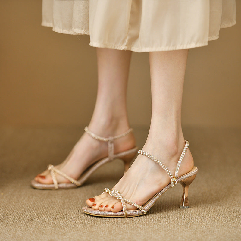 2026 cross-border hot-selling sparkling rhinestone dress sandals: stiletto heel, square toe, slip-on, open toe