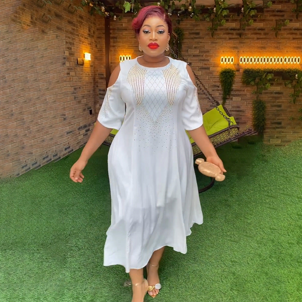 African women's plus size cross-border e-commerce spring/summer new arrivals  independent website off-shoulder five-sleeve rhinestone dress