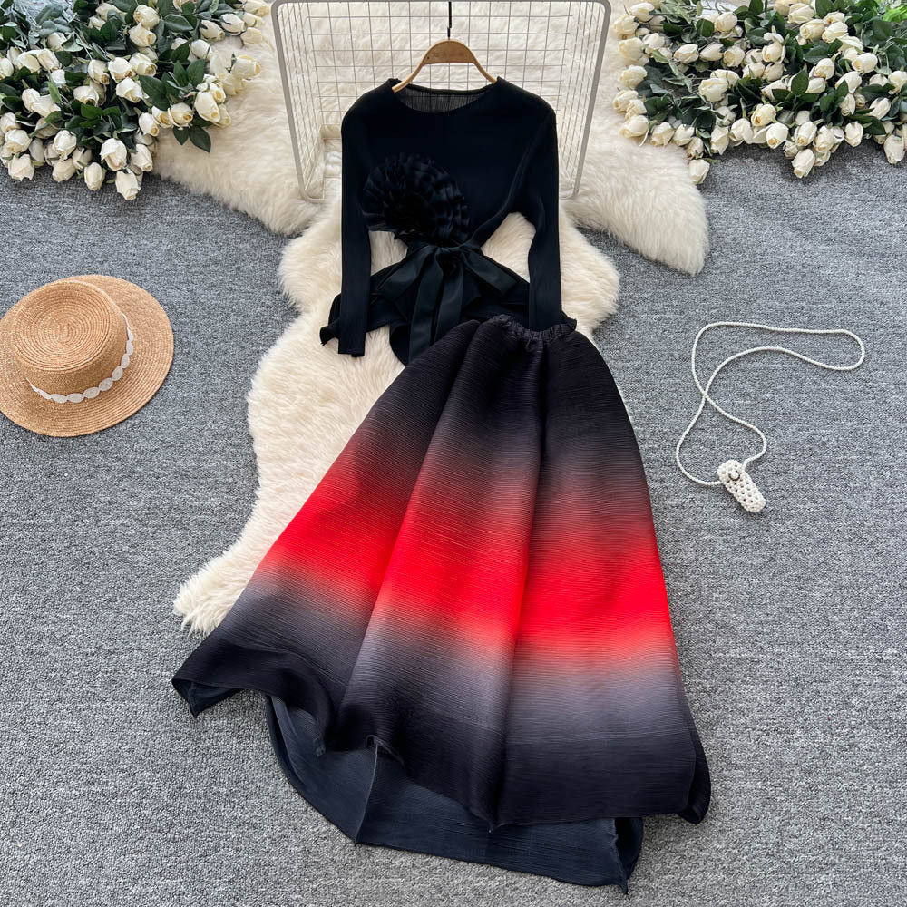 European and american style high-end long-sleeved top with 3d floral ribbon detail + gradient elastic waist midi skirt set for women - winter collection