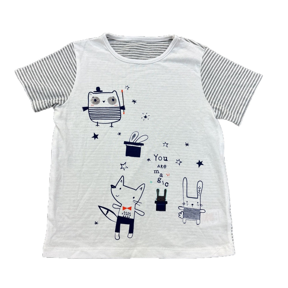 Infant & toddler striped short-sleeve t-shirt with magic fox & owl cartoon print - breathable, 100% cotton crew neck top