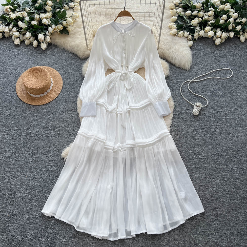 French high-end women's dress - autumn  collection: tie-waist, lantern sleeve, elegant, flowy, and floor-length maxi dress