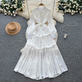French high-end women's dress - autumn  collection: tie-waist, lantern sleeve, elegant, flowy, and floor-length maxi dress