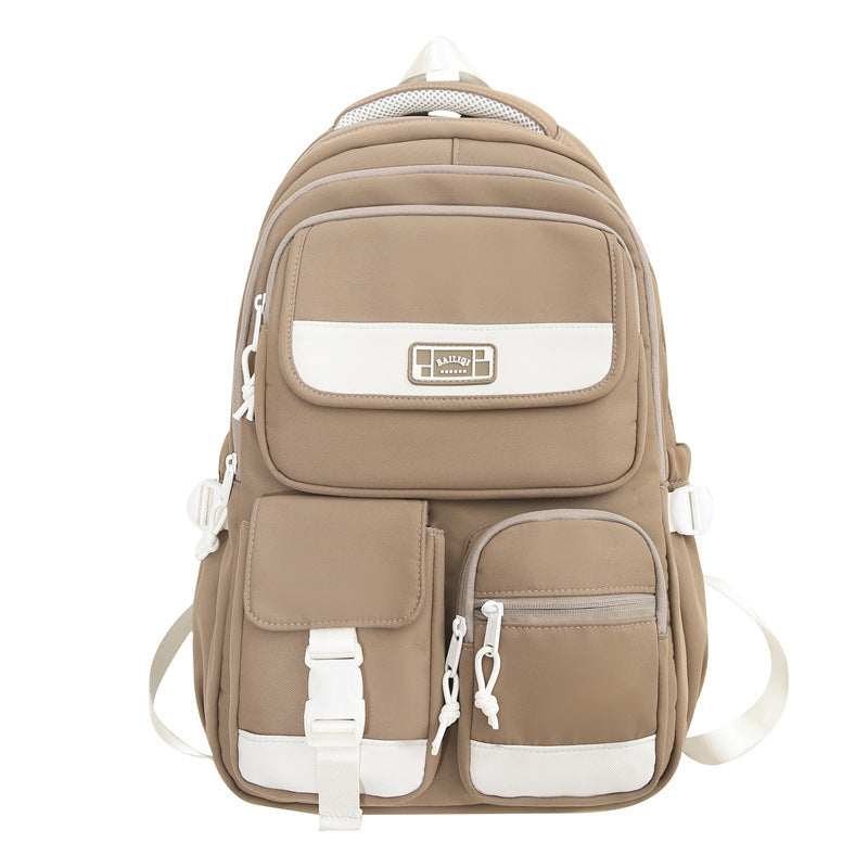 Backpack with multiple flap pocket pants design, junior high school student school bag, travel couple, large capacity, wear-resistant and dirt-resistant, campus style