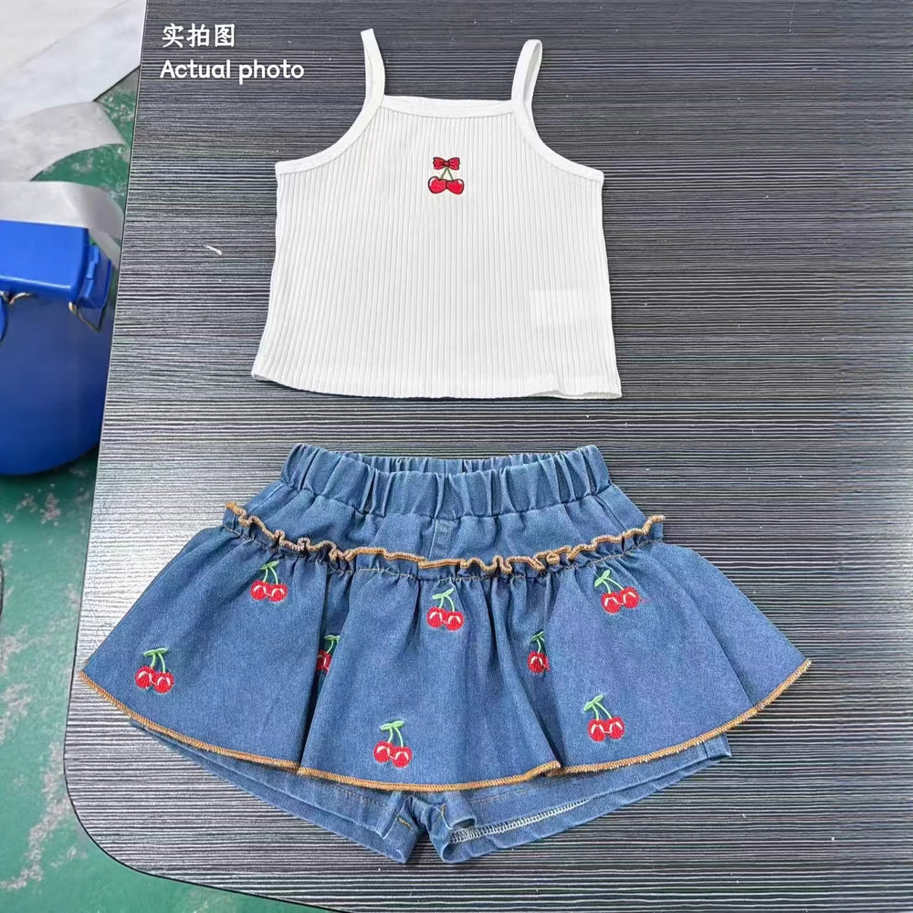 new summer cross-border ruffle trim crew neck top & heavy-duty denim beaded skort set (two-piece)