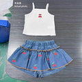 new summer cross-border ruffle trim crew neck top & heavy-duty denim beaded skort set (two-piece)