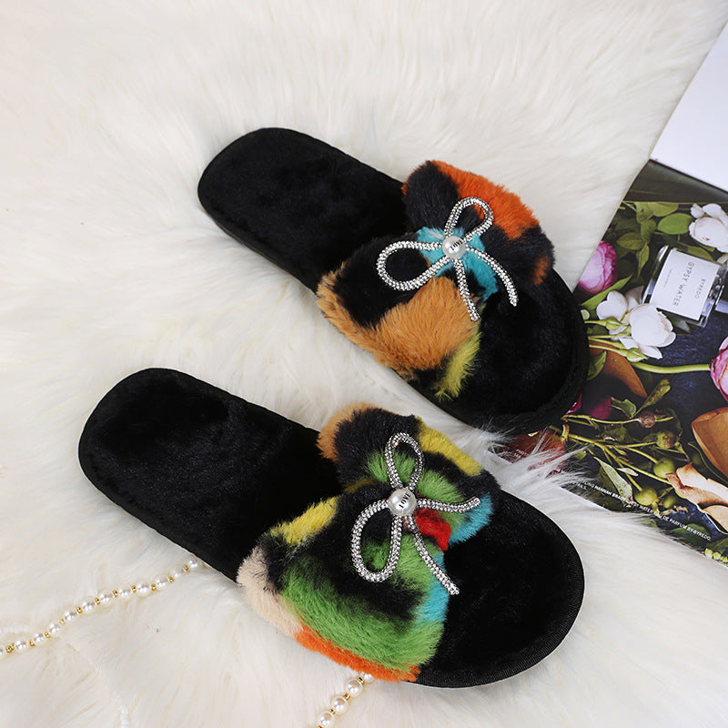 Women's winter cotton slippers with rhinestone detail, fuzzy indoor slippers with bow, home autumn and winter plush warm slippers for women