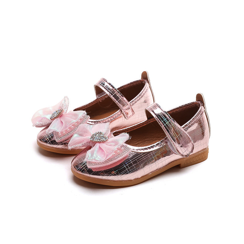 Girls'  spring new bowknot soft sole princess leather shoes for mid-to-large children - wholesale magic tape closure kids' shoes (direct from manufacturer)