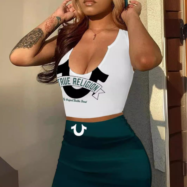 FC1226 fashion casual ins style letter logo printing tight hip wrap dress set
