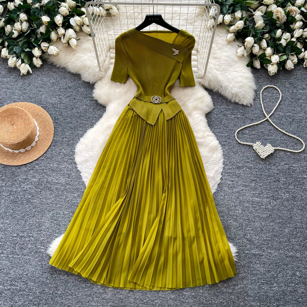 Sense of design classyelegance green dress for women summer short-sleeved high waist waist pleated long skirt light mature style work clothing