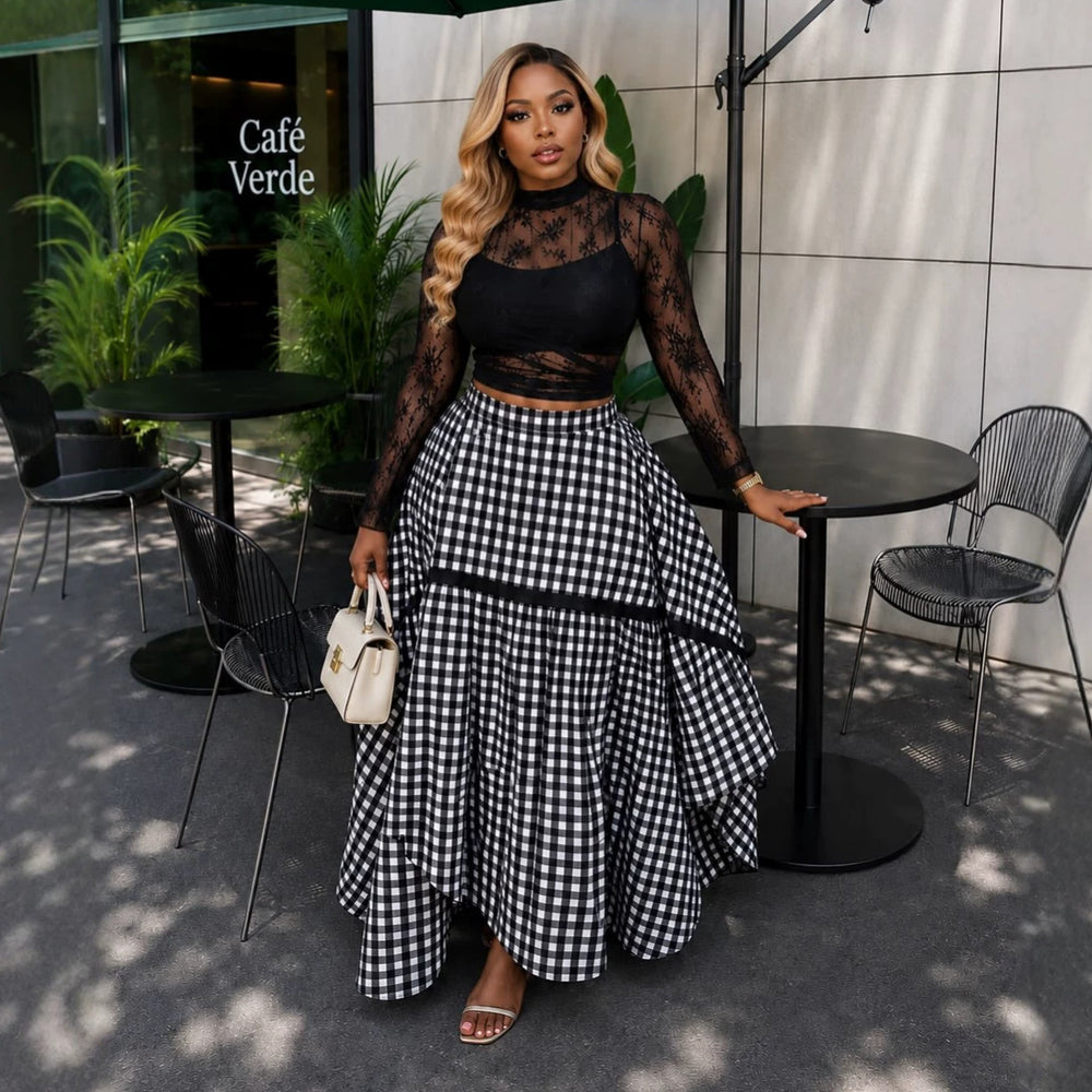 European and american cross-border african women's fashion  summer new style: trendy plaid design, slimming a-line long midi skirt