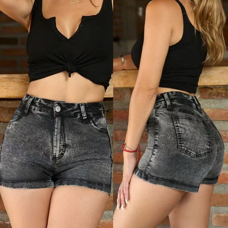 new american style black denim shorts - women's mid-rise stretch washed jeans, slim fit, bodycon, hot girl style hot pants