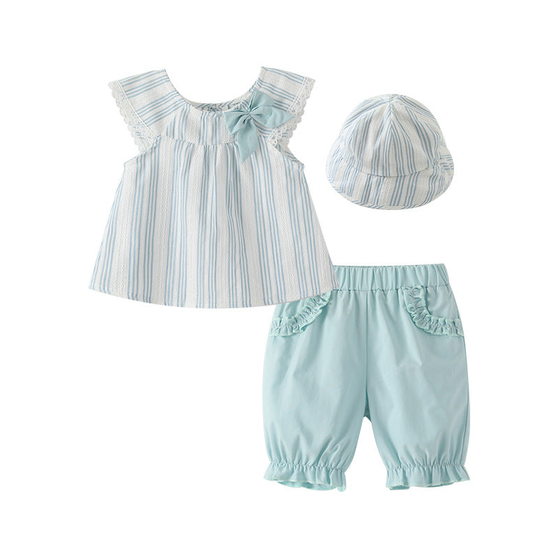 Girls' summer outfit  new three-piece set, sweet style, pure cotton class a, stylish baby girl clothes