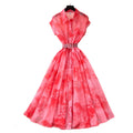 French retro print dress - women's fall  collection - cinched waist a-line maxi dress - elegant, slimming, and chic for work or play